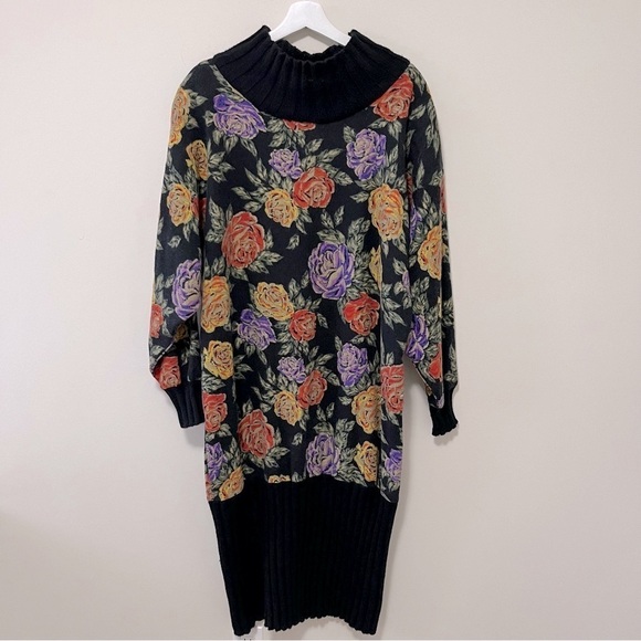 VINTAGE MADE IN ITALY KNIT WOOL MULTICOLOUR FLORAL MIDI DRESS - Picture 1 of 11